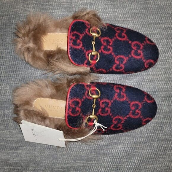 Gucci Women Blue Red & Wool GG Monogram Fur Princetown Mule Slippers 35 - Picture 3 of 16